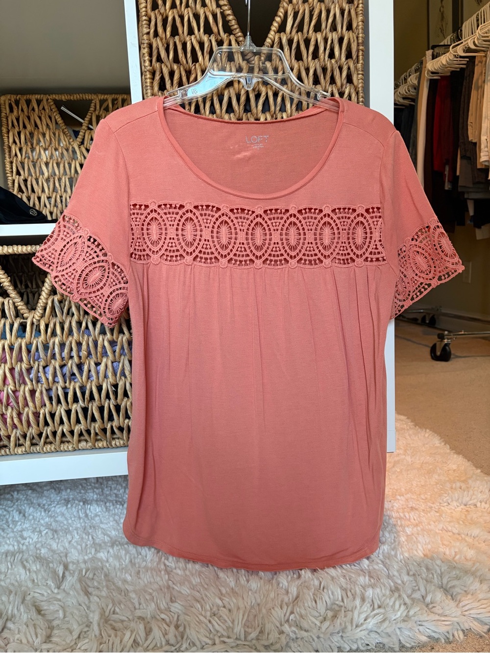 LOFT Short-Sleeve Crochet Detail Top — Coral